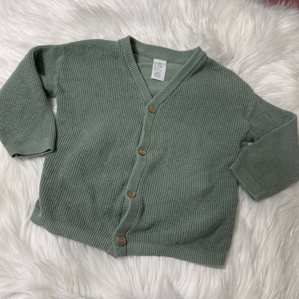 H&M Baby Sage Green Waffle Knit Cotton Cardigan Sweater | 12-18 Months